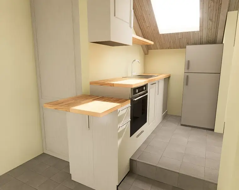 Render de cocina a medida: vista general del frente y la zona de trabajo