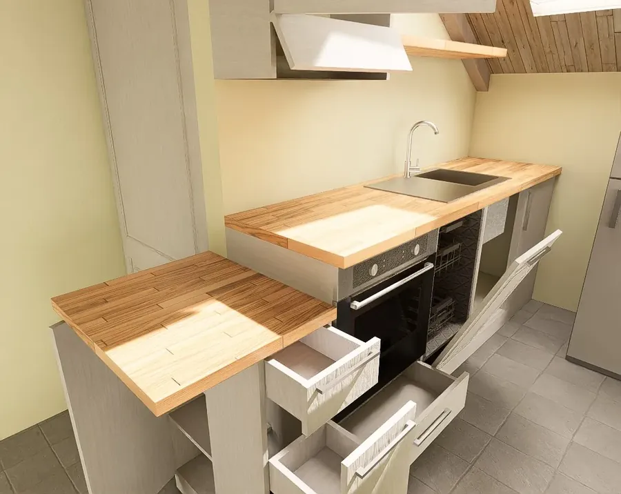 Render de cocina a medida con península y cubierta de madera, proyecto en Italia